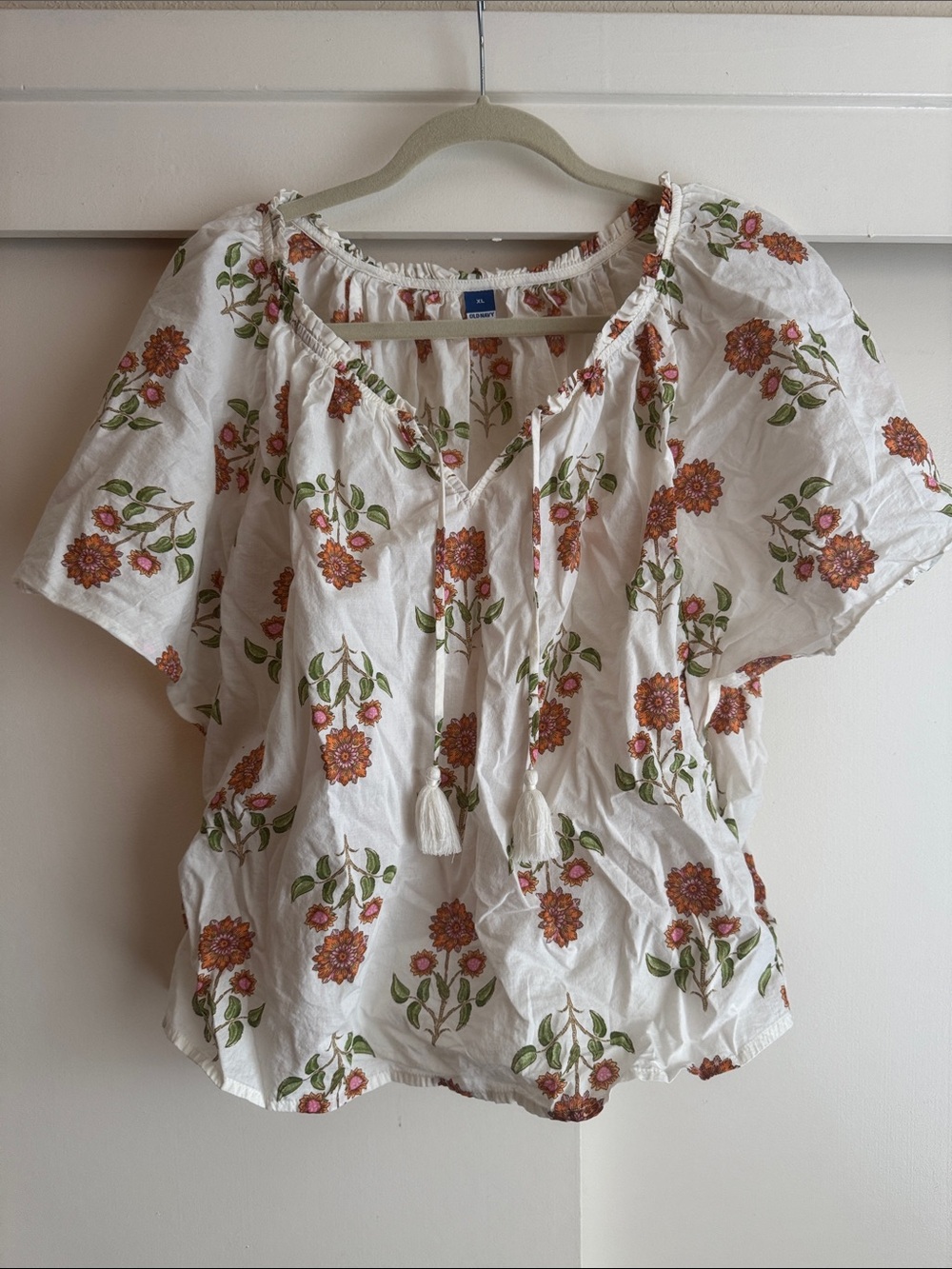 Old Navy White Peasant Blouse with Orange Floral Print